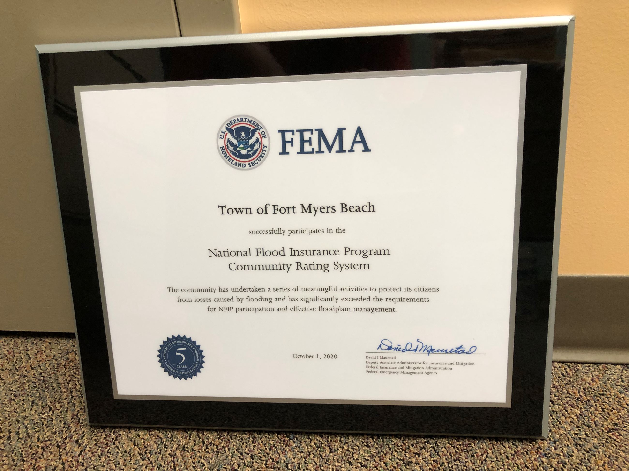 FEMA award plaque 9-2020